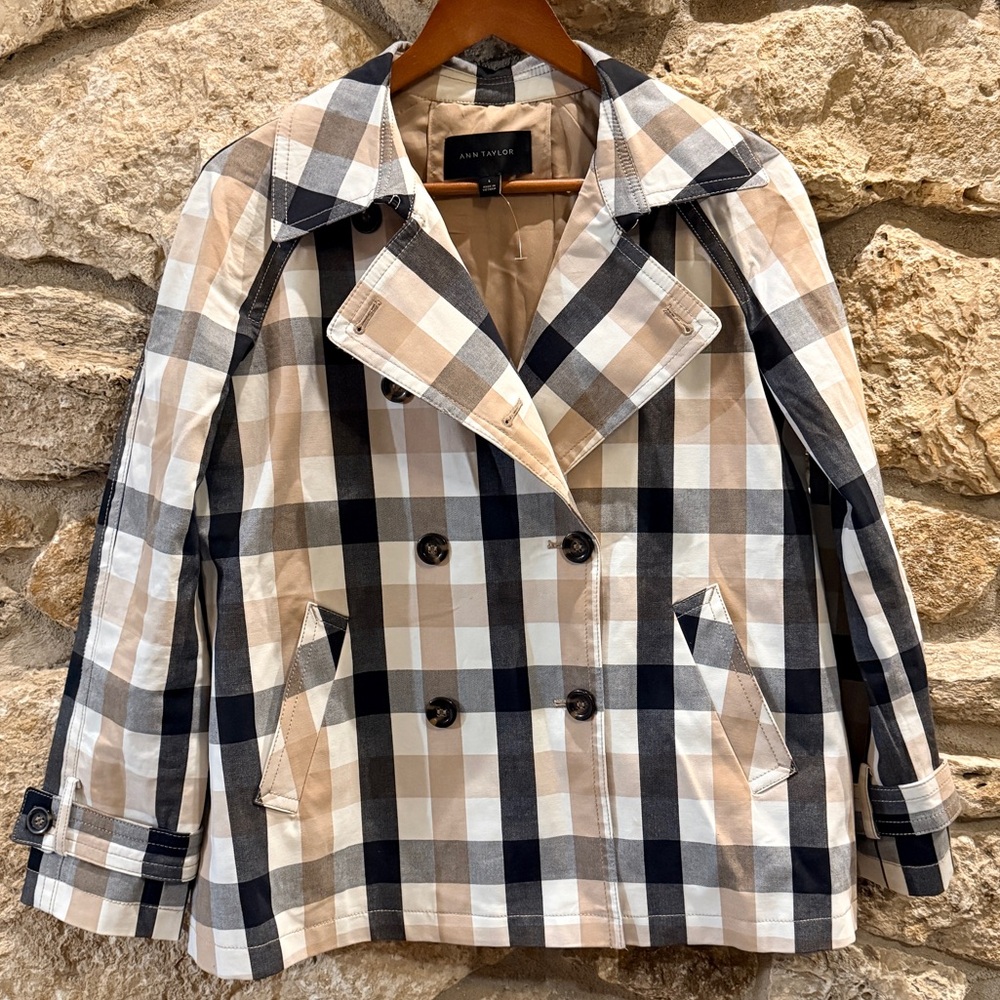 Ann Taylor Black Tan White Cotton Plaid Pea Coat Jacket sz Sm